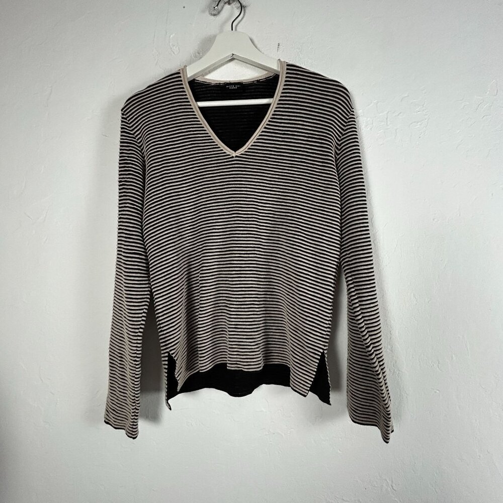 Bitte Kai Rand Womens Black Striped Knit V-Neck Sweater Top Long Sleeve Pullover